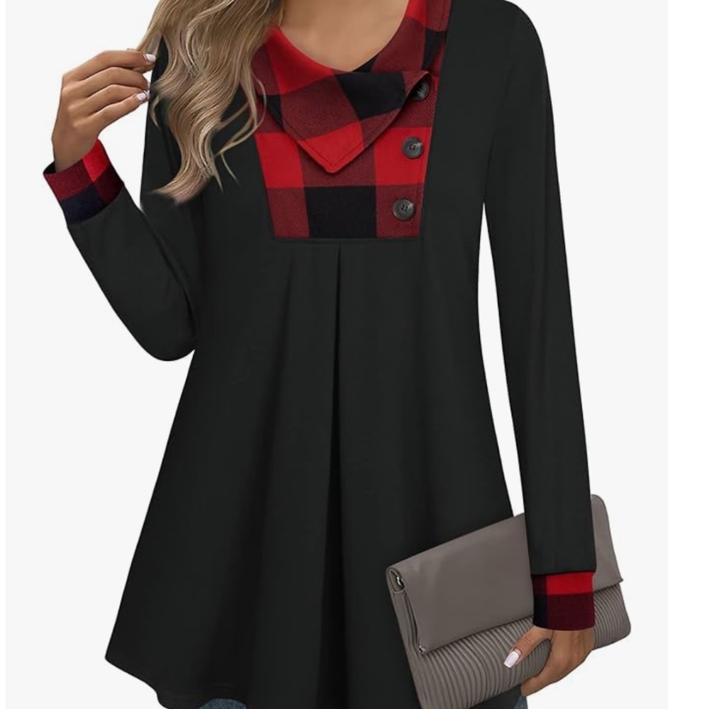 Women's Long Sleeve Button Plaid Accent Lapel Pullover Tunic Swing Knit Top